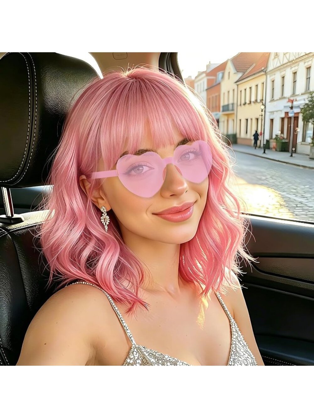 Women's Bright Pink Curly Bob Synthetic Wigs Bangs With Neon Heart Sunglasses